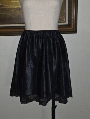 Vintage Farr West Lace Trim Black Liquid Satin Mini Slip Skirt